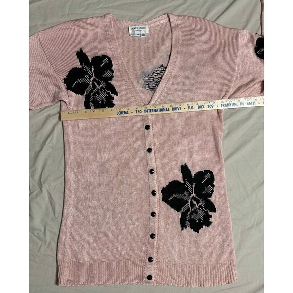 Vintage Jane Smith Santa Fe Silk Pink Cardigan Sweater Black Floral M Women's - Picture 3 of 6